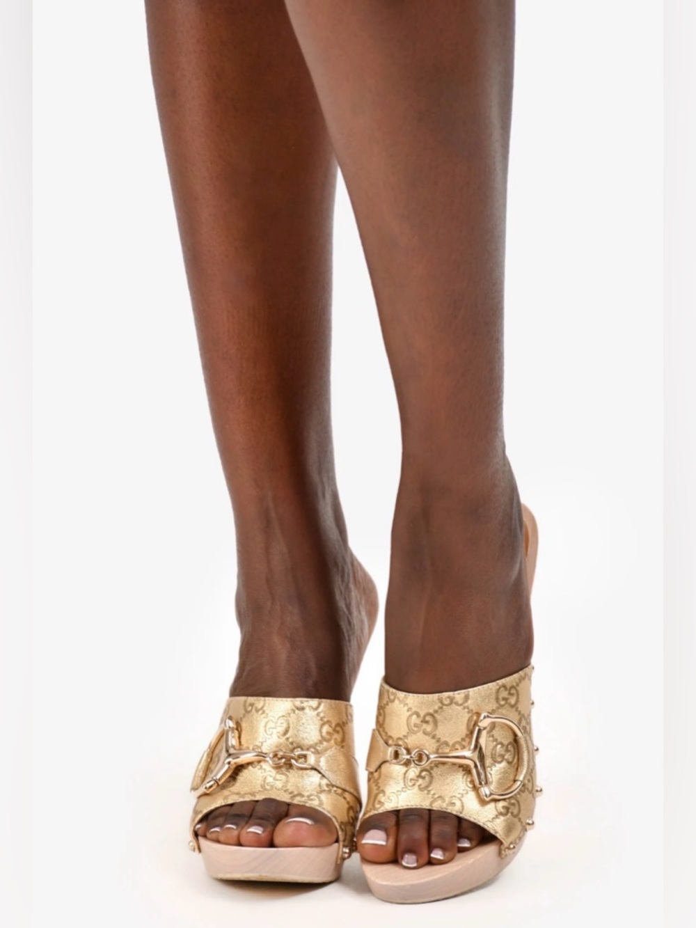 Gucci Y2K Gold Guccissima GG Leather Horsebit Wooden Clogs Heels